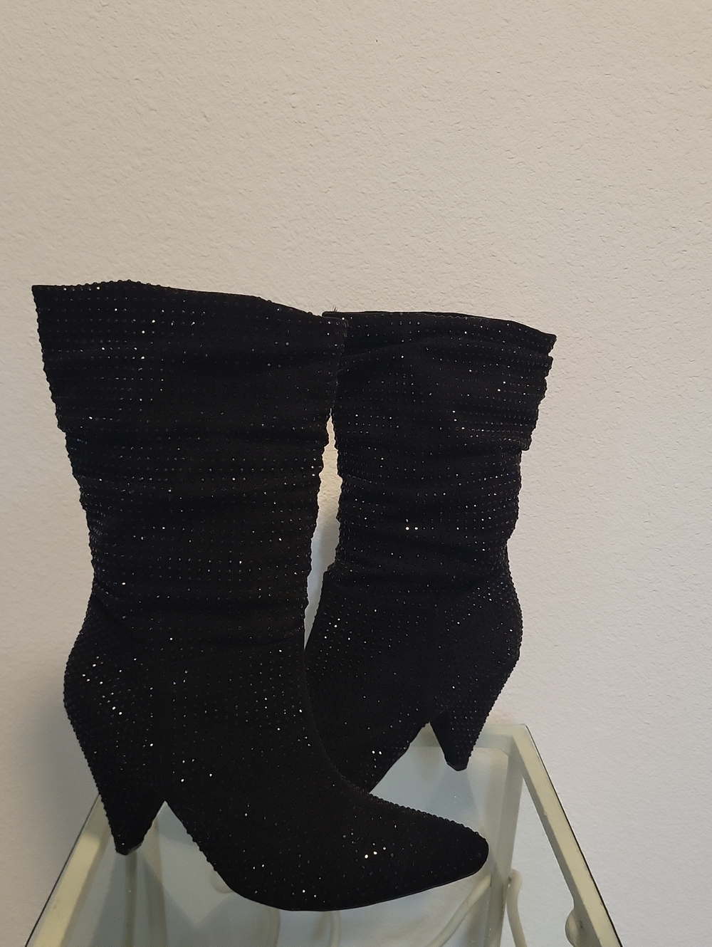 Report Black Sparkle Ruched Mid-Calf Heeled Boots